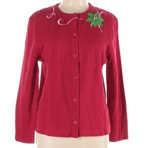 Onque Casual L Red Holiday Cardigan Beaded Holly Applique Button Front Christmas